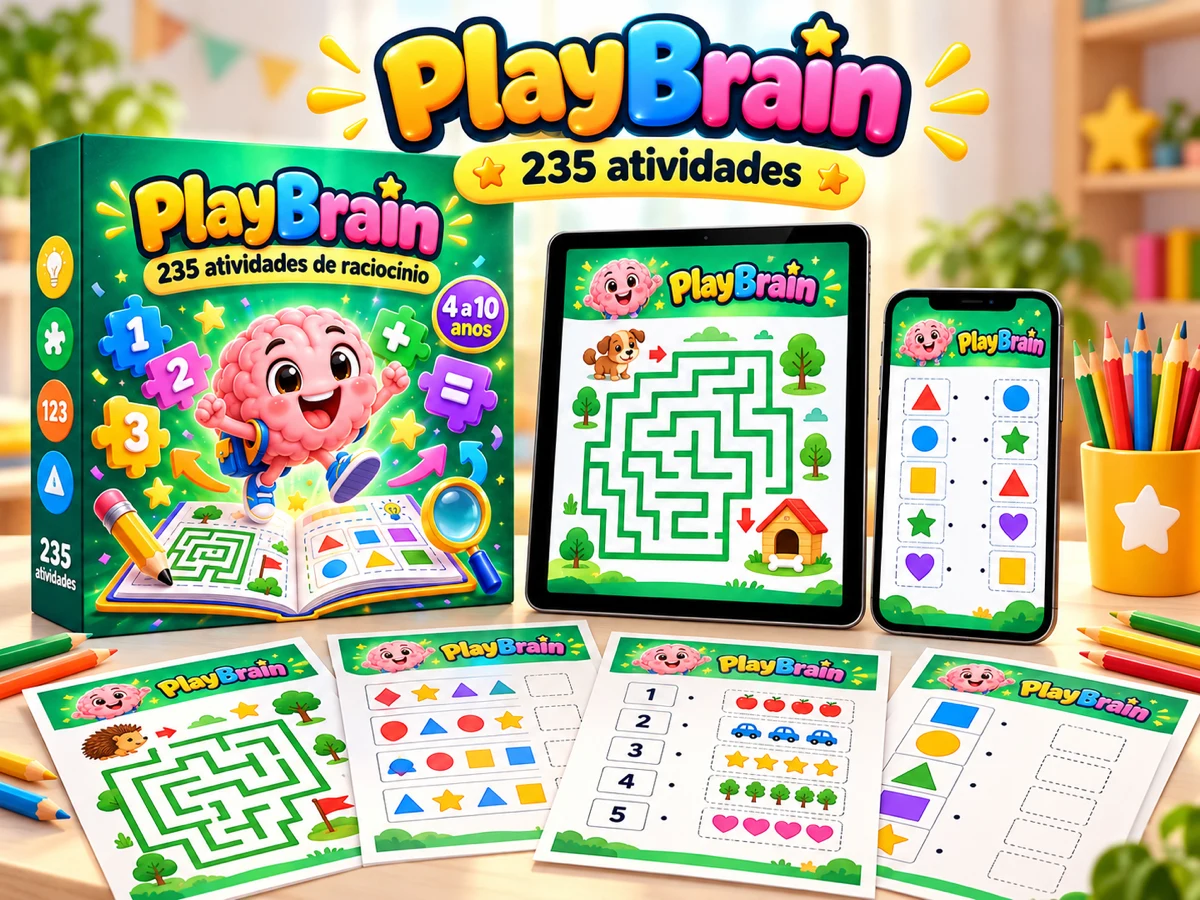 Mockup do kit digital PlayBrain com atividades para imprimir